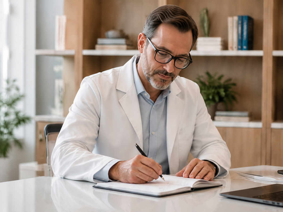Dr. John Doe fazendo anotações durante o atendimento